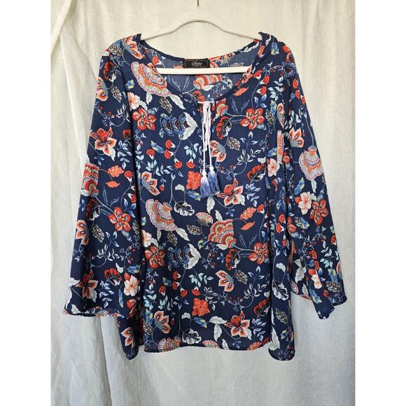 Womens 1X Navy, Rust Red, Faux Embroidery Fall Floral Tunic Top - Picture 1 of 9